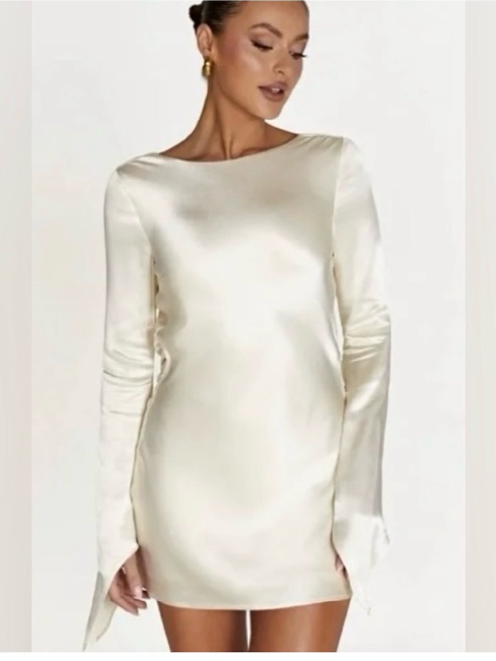 Meshki Cream Satin Long-Sleeve Backless Mini Dress